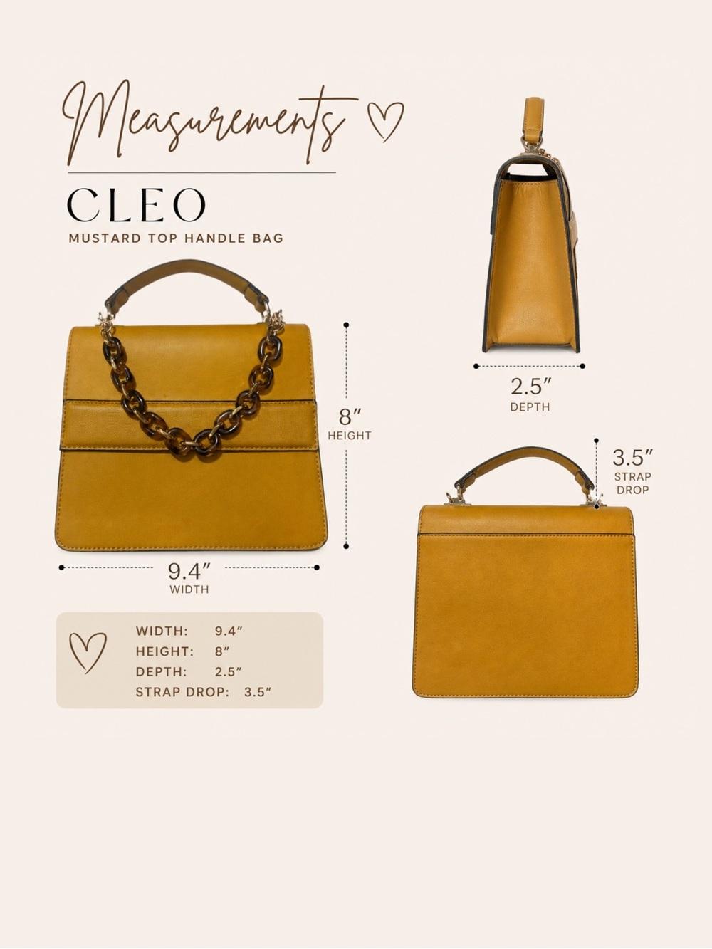 Cleo Mustard Top Handle Bag w/ Tortoiseshell Chain Accent Structured Satchel - Picture 5 of 5